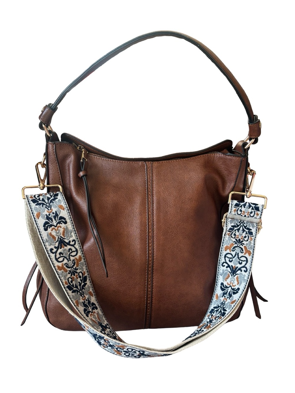 Everyday Brown Leather-Look Shoulder Bag with Removable Patterned Strap